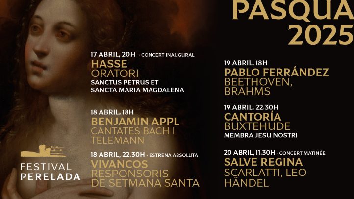 La III edición del Festival de Pascua del Festival Peralada, que se celebrará del 17 al 20 de abril en la Iglesia del Carmen de la villa catalana, ofrecerá un total de seis propuestas artísticas. Entre los momentos más destacados se encuentran el estreno mundial de los Responsorios de Semana Santa, de Bernat Vivancos, la recuperación y estreno del oratorio Sanctus Petrus et Sancta Magdalena de Hasse, y el debut del violoncelista Pablo Ferrández.