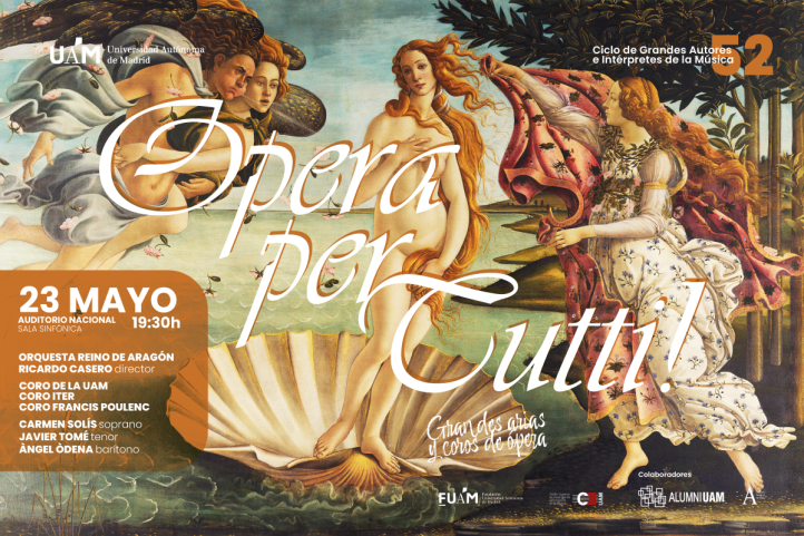 El concierto Opera per Tutti! tendrá lugar el viernes 23 de mayo a las 19:30 en la Sala Sinfónica del Auditorio Nacional de Música, en el marco del ciclo de conciertos del Centro Superior de Investigación y Promoción de la Música de la UAM. Será interpretado por la Orquesta Reino de Aragón, dirigida por Ricardo Casero, junto a tres coros con más de cien cantantes y los solistas Carmen Solís, Javier Tomé y Àngel Òdena.